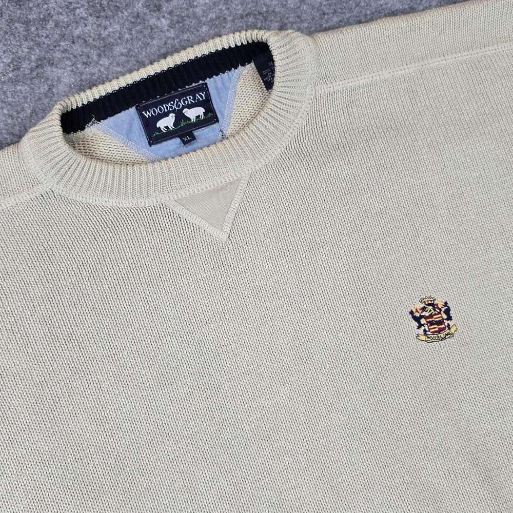 Woods & Gray Sweater Mens Extra Large Beige Crest Embroidered Cotton Pullover XL